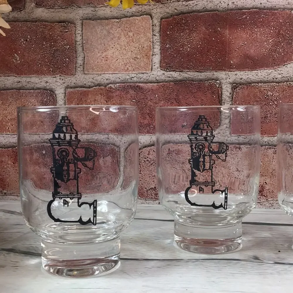 4 Heavy Bottom 10-ounce Low-Ball Glasses with Fire HYDRANT Images Firefighter